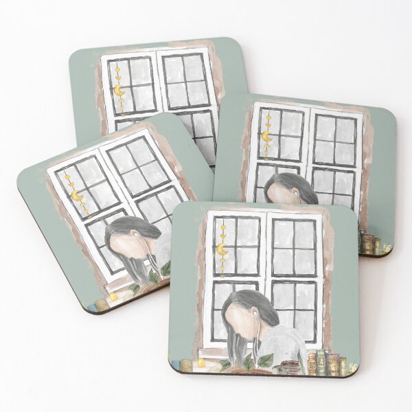 Item preview, Dark Academia Window Study Scene – Watercolor Girl with Candles, Books, and Moon Decor designed and sold by Softglow-Studio.