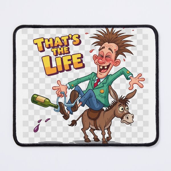 Item preview, Funny Thin Drunk Man Struggling to Mount Donkey Cartoon Design designed and sold by Vibe-Studio.