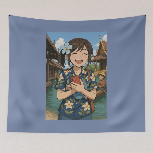 Item preview, Happy Girl in Hawaiian Shirt at Thai Floating Market – Anime Style designed and sold by konthai.familyart.