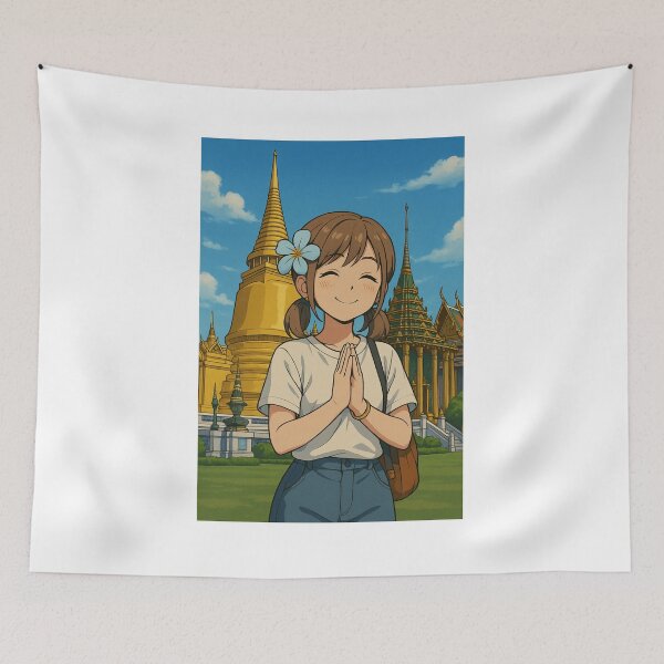 Item preview, Thai Girl Greeting at Temple – Cultural Travel Illustration designed and sold by konthai.familyart.