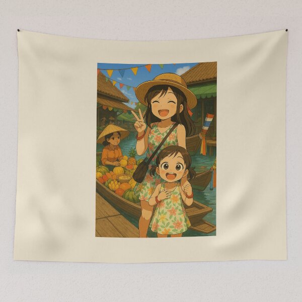 Item preview, Sisters at Thai Floating Market – Cute Travel Art designed and sold by konthai.familyart.