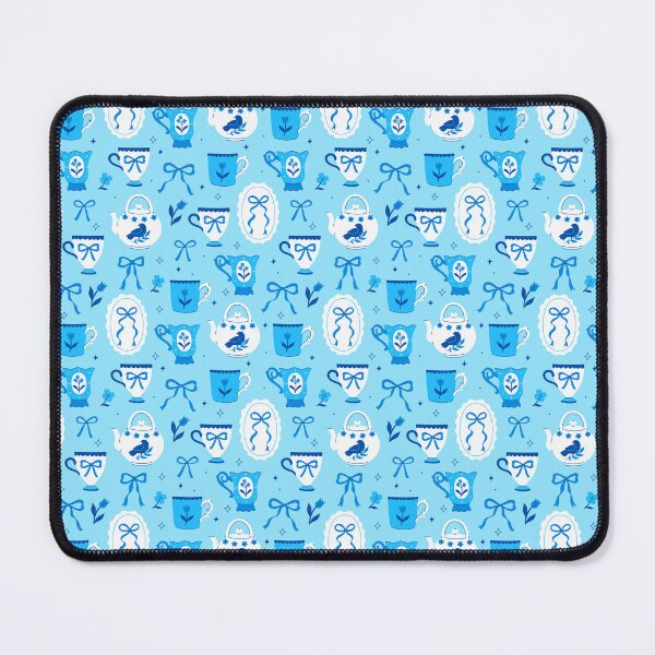Item preview, tea cups, teapots and bows in blue colors designed and sold by burbura.