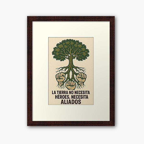 Vista previa del artículo con la obra «La tierra no necesita héroes, necesita aliados», diseñado y vendido por Jonsovski.