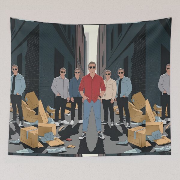 Item preview, Oasis - Stylized Alleyway Scene with Five Band Members in Retro Outfits designed and sold by JayceTucker89.
