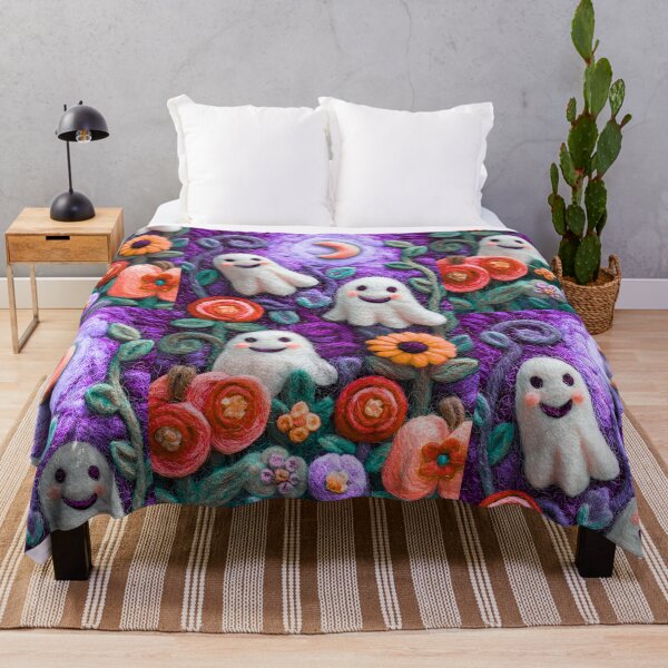 Item preview, Smiling Ghosts in Felt Garden – Cute Halloween Textile Art designed and sold by baucestudio.
