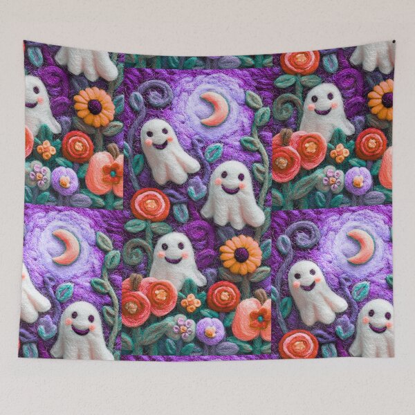 Item preview, Smiling Ghosts in Felt Garden – Cute Halloween Textile Art designed and sold by baucestudio.