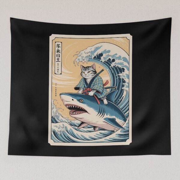 Item preview, Cat Riding Shark Funny Japanese 90s designed and sold by blueyeeti.