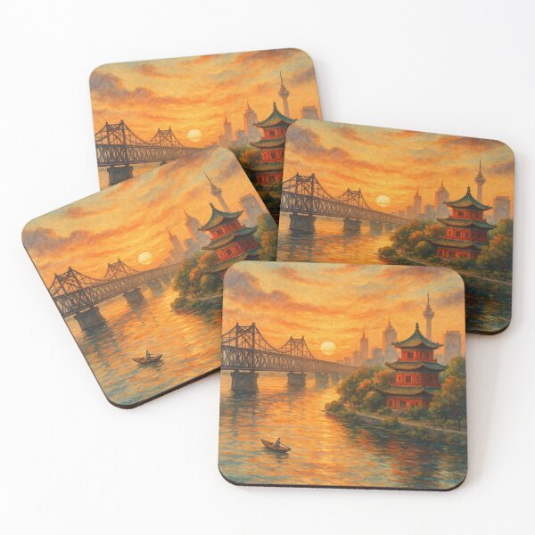 Item preview,  Sunset over Yalu River and Sino-Korean Friendship Bridge, Dandong, China designed and sold by Places On Earth.