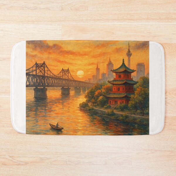 Item preview,  Sunset over Yalu River and Sino-Korean Friendship Bridge, Dandong, China designed and sold by Places On Earth.