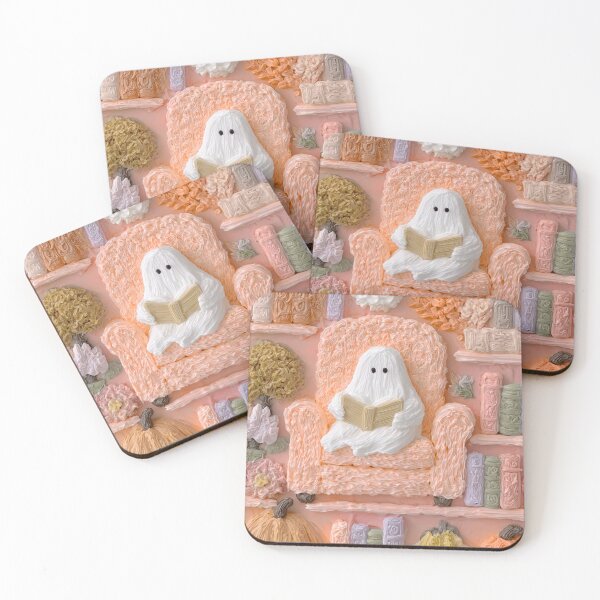 Item preview, Whipped Ghost Reading in Cozy Fall Library – Pastel Halloween Book Art designed and sold by baucestudio.