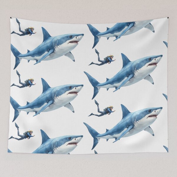 Item preview, White Shark and Diver – White background designed and sold by pixeldizajn.