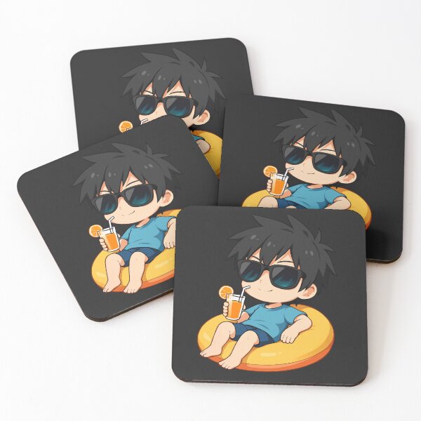 Item preview, Kai the Summer Slacker – Cute Chibi Boy on Pool Floatie Drinking Juice designed and sold by ColorSplash123.