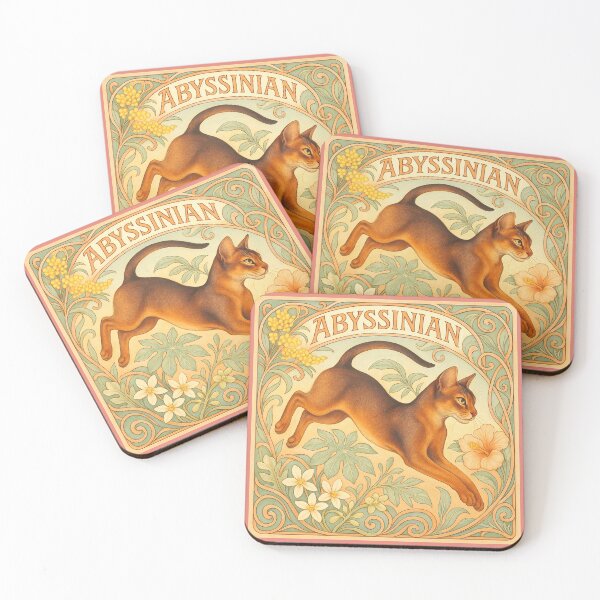 Item preview, Art Nouveau Abyssinian Cat – Elegant Jump in Vintage Floral Frame designed and sold by SUNAGIMO9999.