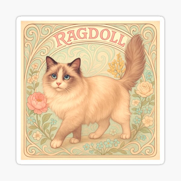 Item preview, Art Nouveau Ragdoll Cat – Graceful Elegance in Vintage Floral Frame designed and sold by SUNAGIMO9999.