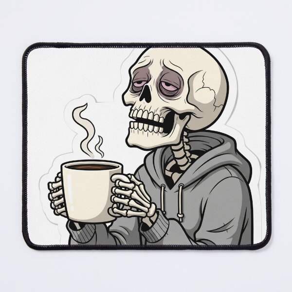 Item preview, Emotionally Exhausted Skeleton Drinking Coffee Sticker designed and sold by StickyGuys.
