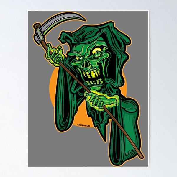 Item preview, Grim Glowing Reaper – Street Art Cartoon Death Strikes in Green designed and sold by eShirtLabs.