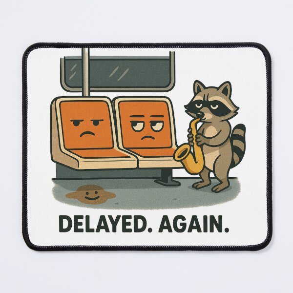 Item preview, “Delayed. Again.” – NYC Subway Seat Chaos Cartoon designed and sold by NewYawkStore.