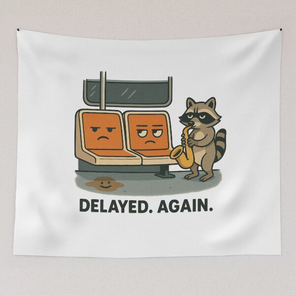 Item preview, “Delayed. Again.” – NYC Subway Seat Chaos Cartoon designed and sold by NewYawkStore.