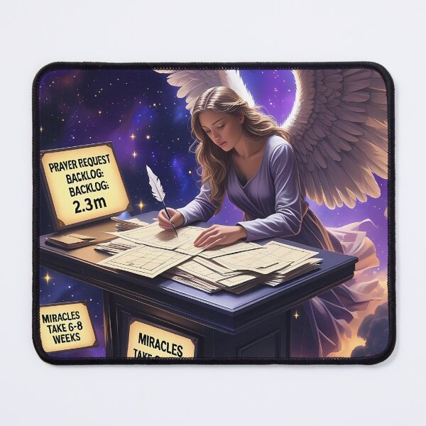Item preview, MIRACLES TAKE 6-8 WEEKS - Celestial Bureaucracy Art for Overworked Angels & Office Workers, Divine Humor Gifts designed and sold by Rilindi.