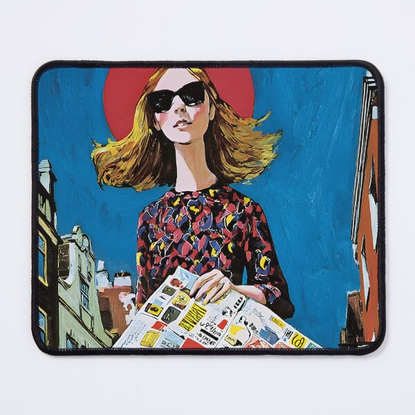 Item preview, Woman Holding Newspaper Striding Through London with Confidence - Fashion, Icons, and Swinging Sixties Energy in Motion Abstract Digital AI Art designed and sold by OlfactoART Studio.