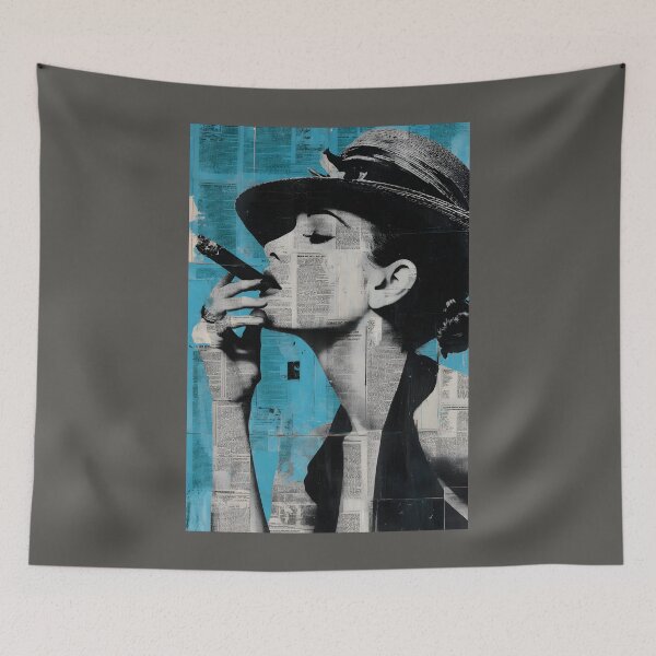 Item preview, Strike a Bold Contrast - Woman in Hat Smokes Cigar with Newsprint Style on Blue designed and sold by OlfactoART Studio.