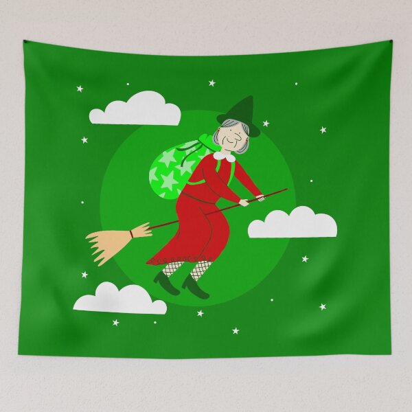 Item preview, green christmas witch befana broomrider spookmas designed and sold by Gossip Rag.