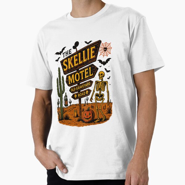 Item preview, Vintage Skellie Motel design Funny gothic Skeleton Halloween Fall Humor, retro spooky Old Graveyard cemetery designed and sold by LuxeGraphix.