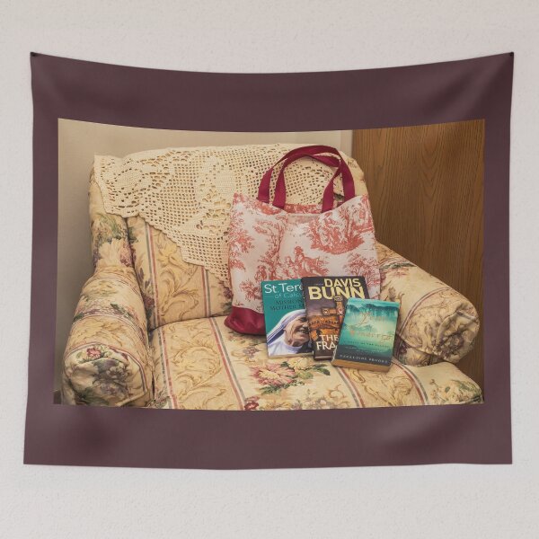 Item preview, Cozy Reading Corner with Books, a Toile Bag, and a Butterfly Doily on a Flowered Chair designed and sold by LINDA MCKUSICK.