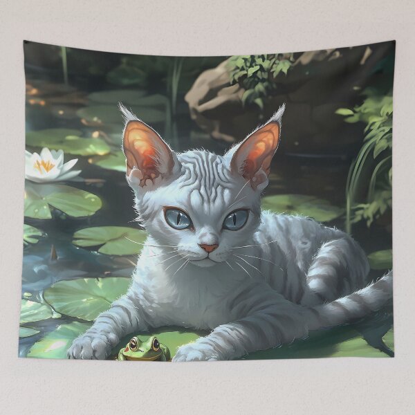Item preview, Animal Cute Pond White Cat On Lily Pad With Frog Amid Water Garden Bloom designed and sold by B5fivemerch.