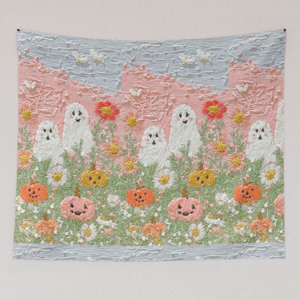 Item preview, Pastel Ghosts and Pumpkins in a 3D Buttercream Floral Halloween Field designed and sold by baucestudio.