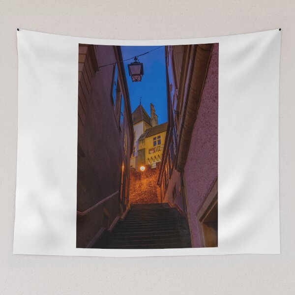Item preview, Staircase in Old Town with House in Dusk in City of Neuchatel designed and sold by Mats Silvan.