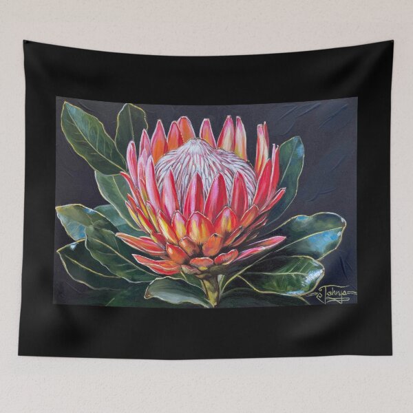 Item preview, Red protea flower with lack background acrylic painting designed and sold by Tahnja Wolter.
