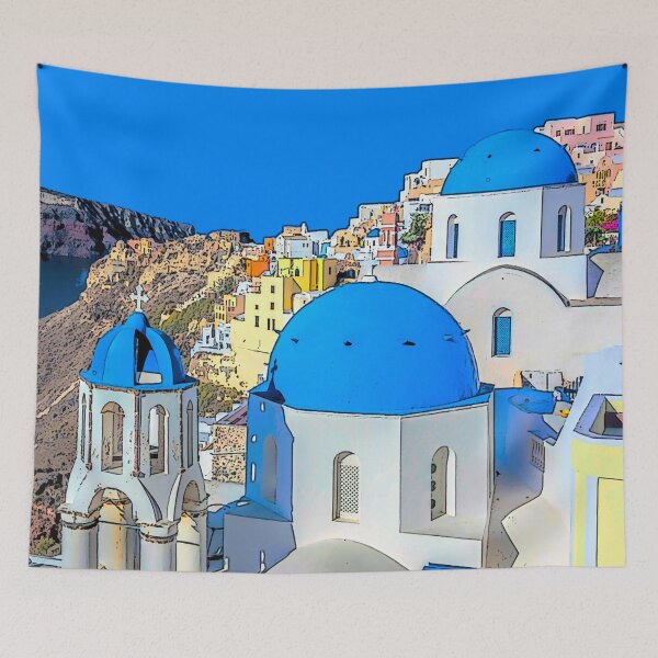 Item preview, Santorini, Greece, showcasing iconic blue-domed churches against a bright blue sky.  designed and sold by Sasas Design.