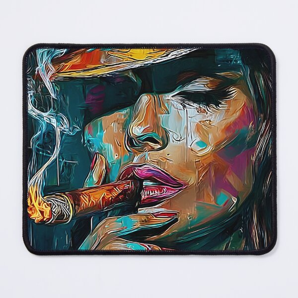 Item preview, Ignite the Mystery- Bold Seductive Woman with Red Lips and Lit Cigar Wrapped in Swirling Smoke designed and sold by OlfactoART Studio.