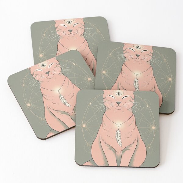 Item preview, Third Eye Cat with Feather – Dusty Pink, Sage & Sacred Geometry designed and sold by 	aluzia.design.