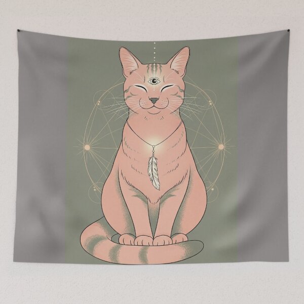 Item preview, Third Eye Cat with Feather – Dusty Pink, Sage & Sacred Geometry designed and sold by 	aluzia.design.