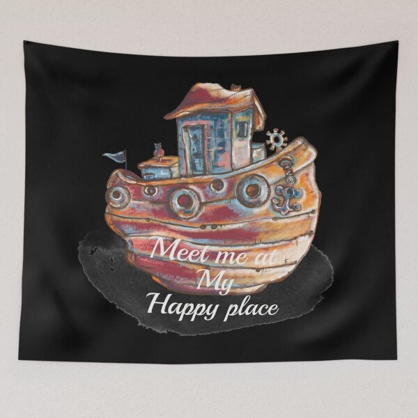 Item preview, Meet me at my happy place, boat, cat cartoon designed and sold by DebbieJoyArt.