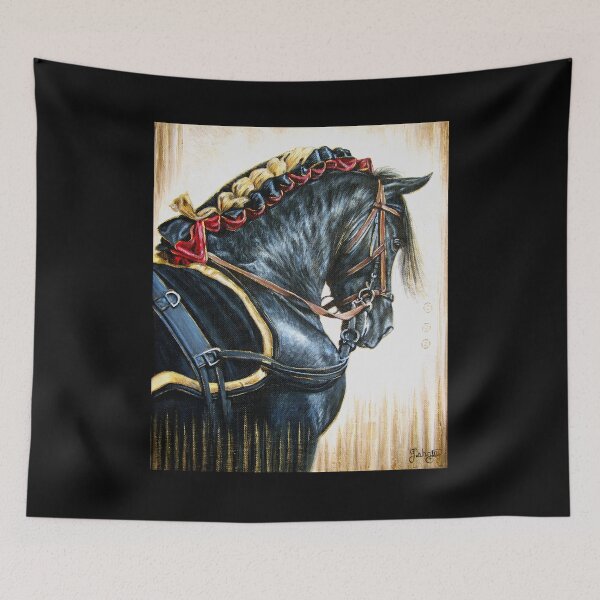 Item preview, Black Andalusian horse with ribbon braid and harness acrylic painting designed and sold by Tahnja Wolter.