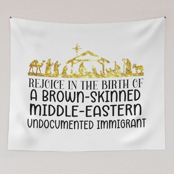 Item preview, "Social Justice Nativity Art – Rejoice in the Birth of a Brown-Skinned Middle-Eastern Undocumented Immigrant | Gold Glitter Christmas Design" designed and sold by HoneyBeesDsgn4u.