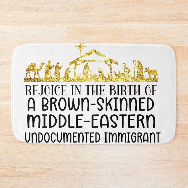 Item preview, "Social Justice Nativity Art – Rejoice in the Birth of a Brown-Skinned Middle-Eastern Undocumented Immigrant | Gold Glitter Christmas Design" designed and sold by HoneyBeesDsgn4u.
