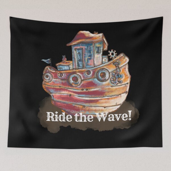 Item preview, Ride the wave, boat, cat cartoon designed and sold by DebbieJoyArt.
