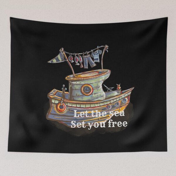 Item preview, Let the sea set you free, boat, cat cartoon designed and sold by DebbieJoyArt.