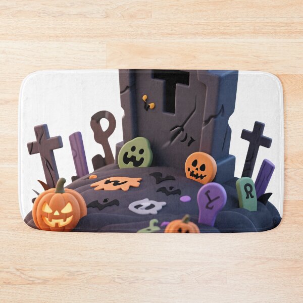 Item preview, Halloween cartoon graveyard scene with glowing pumpkins, ghost, bat, and decorative tombstones isolated on transparent background for festive design and educational spooky graphics designed and sold by Mimoshi ⭐⭐⭐⭐⭐.