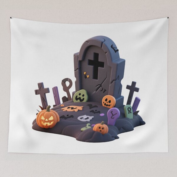 Item preview, Halloween cartoon graveyard scene with glowing pumpkins, ghost, bat, and decorative tombstones isolated on transparent background for festive design and educational spooky graphics designed and sold by Mimoshi ⭐⭐⭐⭐⭐.