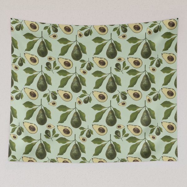 Item preview, Watercolor painted avocado with leaves on mint background designed and sold by Grin Katalina Floral Patterns & Cozy Art.