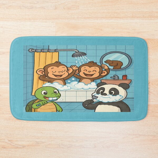 Item preview, Cartoon animals taking shower, brushing teeth, designed and sold by Chirayu1111.