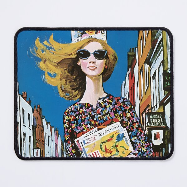 Item preview, Strut with Style - Fashionable Woman with Magazines in a Bustling Urban Scene designed and sold by OlfactoART Studio.