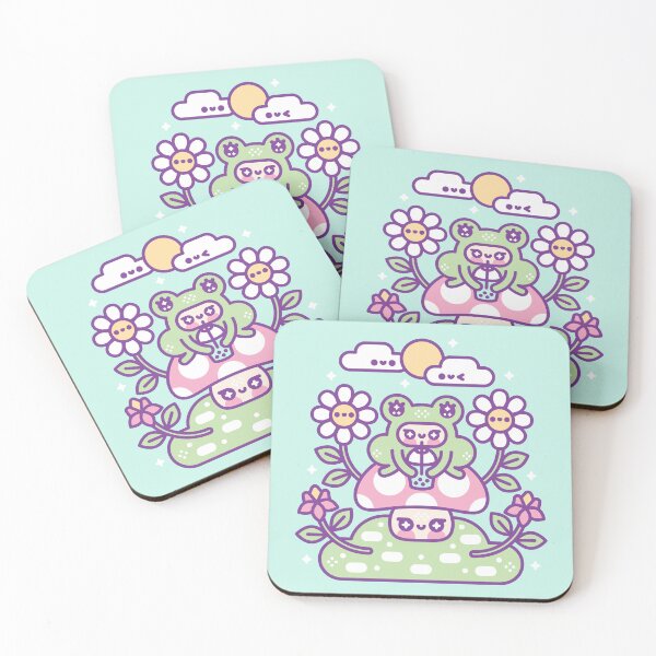 Item preview, Kawaii Frog Drinking Bubble Tea on a Mushroom designed and sold by musingtreeart.
