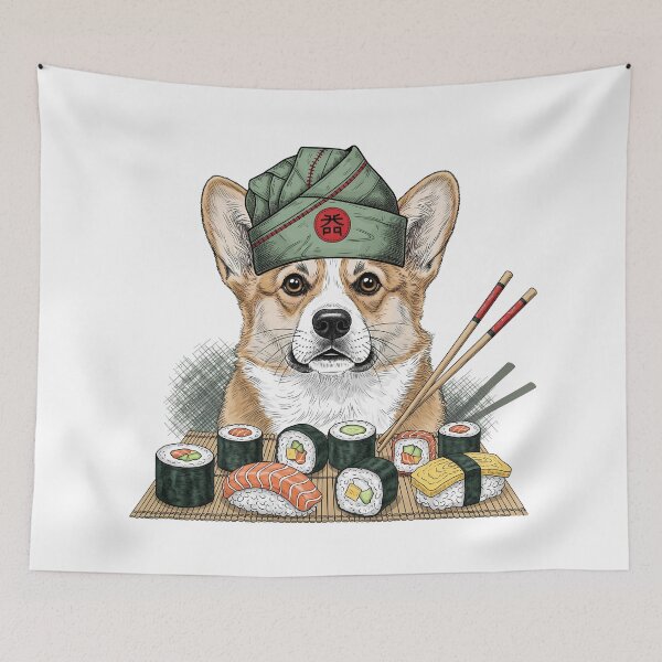 Item preview, Sushi Chef Corgi — Adorable Dog with Chef Cap, Surrounded by Vector Sushi Rolls  designed and sold by zoughlal.