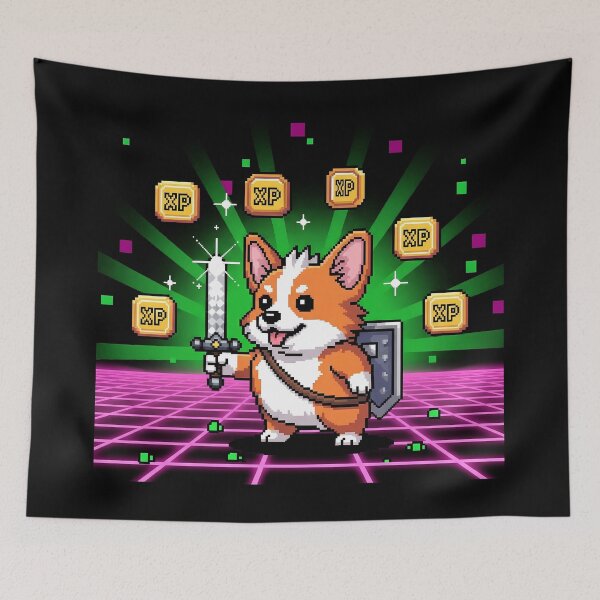 Item preview, 8-Bit Gamer Corgi — Pixel Art Dog with Sword and Neon Grid Background  designed and sold by zoughlal.